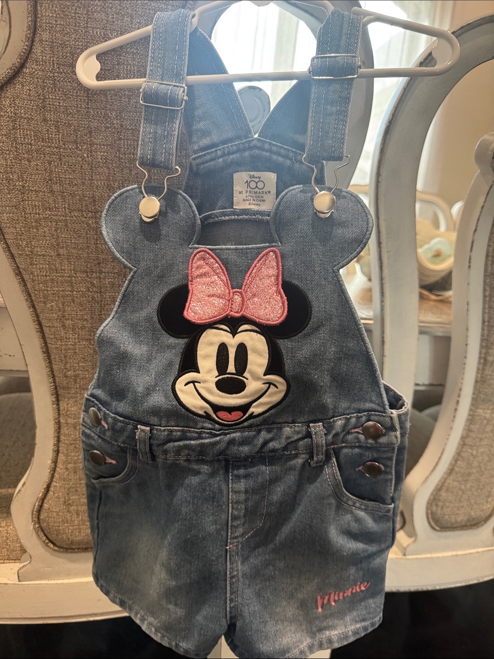 Primark Denim Minnie Mouse Overalls with Pink Bow